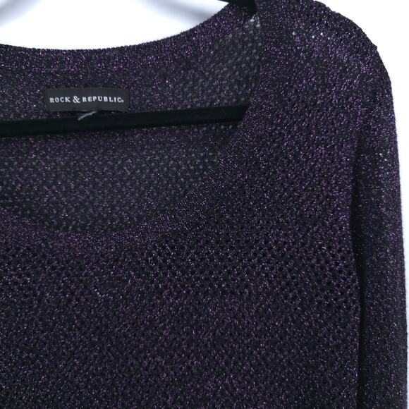 Rock & Republic Sheer Dk Purple Withcy Goth Mesh Knit Metallic Longsleeve Top M - Picture 3 of 9